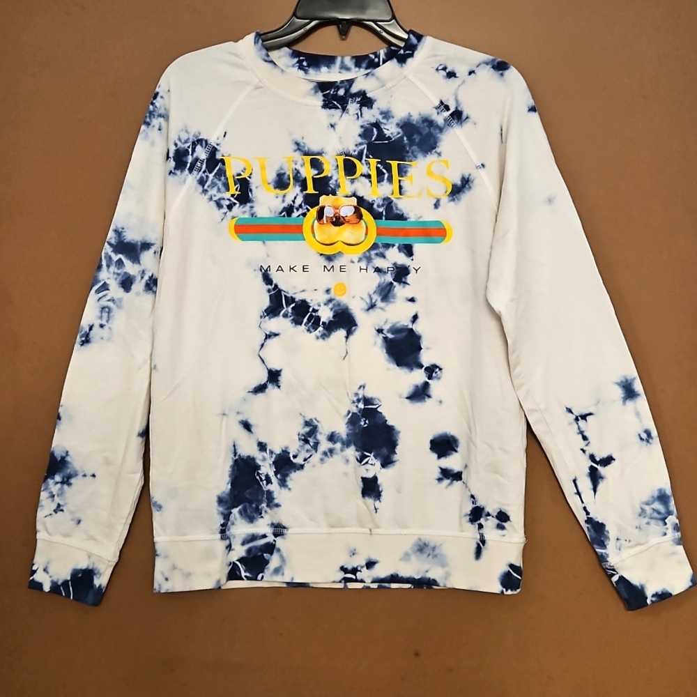 'Puppies make me happy' long sleeve tie dye graphic sweatshirt Small Dog lovers